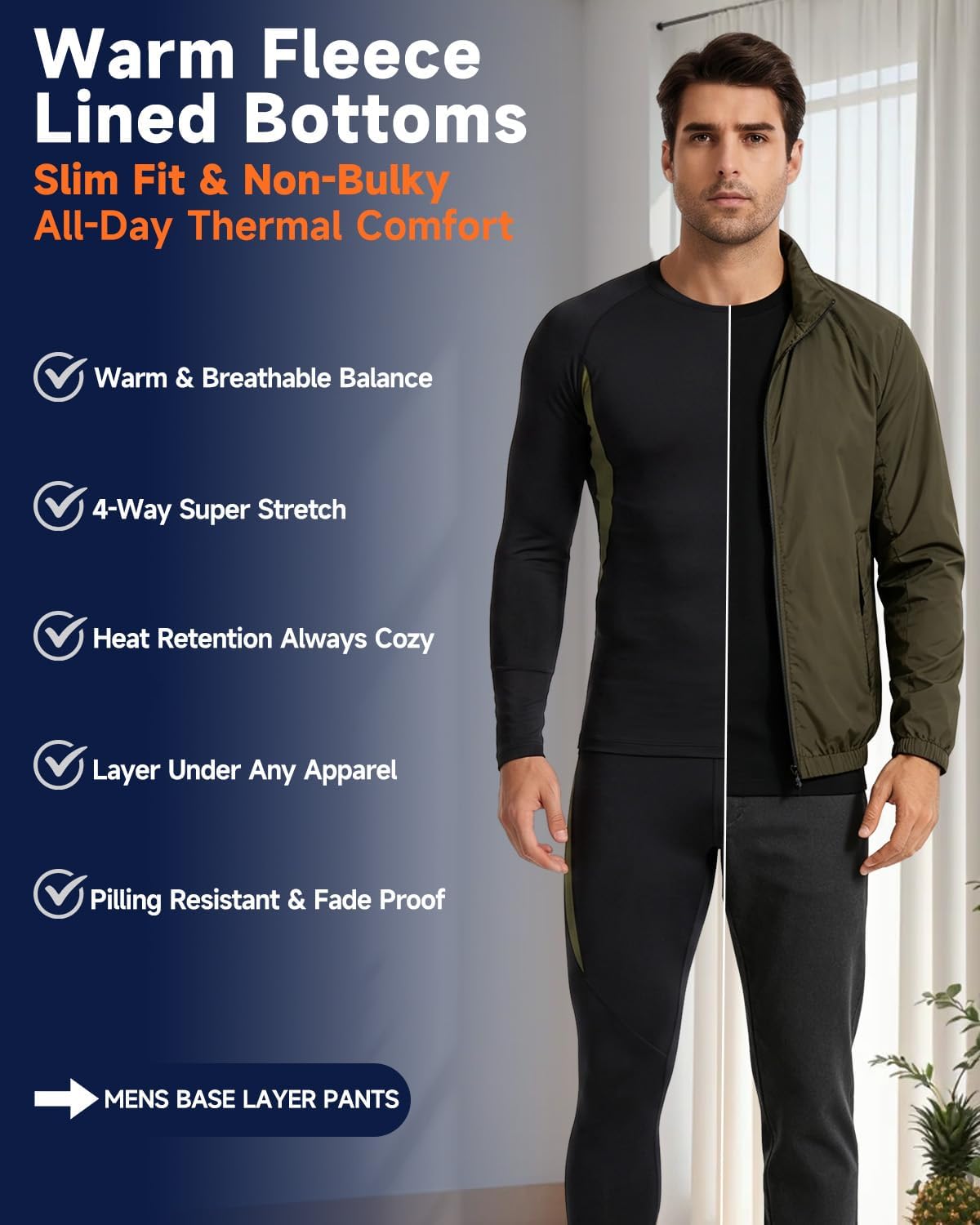 Mens Long Johns Thermal Pants Fleece Lined Compression Leggings for Ski Running Cycling Daily Under Pants
