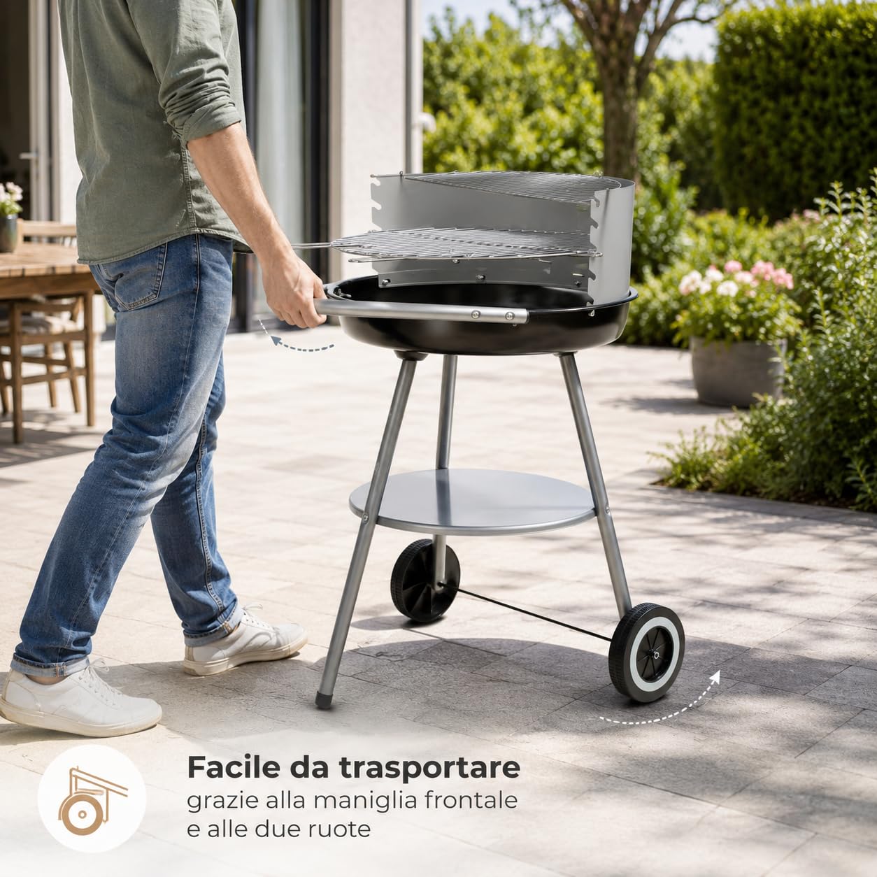Barbecue a Carbone Rotondo Ø 47 cm con Paravento - Semiaperto con Griglia Regolabile 42,5 cm, Ripiano Inferiore e 2 Ruote - per 2-6 Persone - Ideale per Giardino e Terrazzo