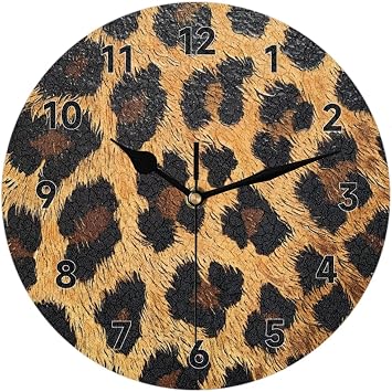 Classic Leopard Print Wall Clock Decorative Round 9.84 Inch Brown Wall Clocks Battery Operated for Kitchen Living Room Bedroom Bathroom Office Home Decor