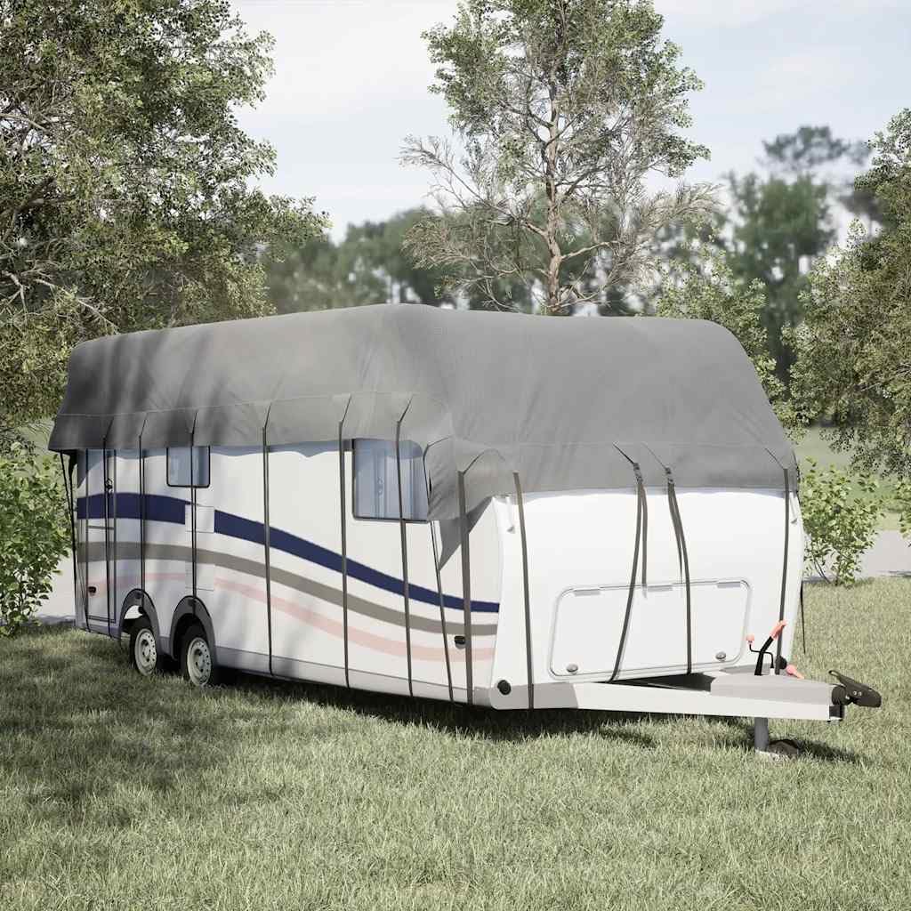 Plandeka dachowa do przyczepy kempingowej, szara, 800 x 300 cm, 3-warstwowa włóknina z 13 parami pasków z klamrami, odporna na działanie wody, odporna na działanie promieni UV, odporna na