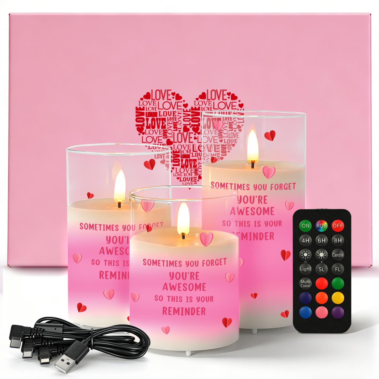 NICE POINT LED Candles with Remote Control, Rechargeable Flameless RGB Color Changing Candle Gift Set, 3 Flickering Electric Fake Candles with Timer,Gift Box for Women