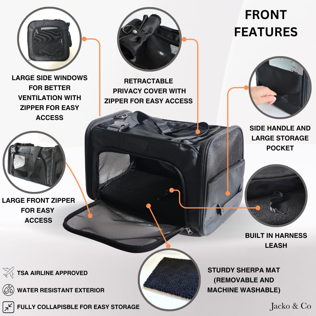 JACKO & CO - Premium Dog & Cat Carrier up to 10lbs, TSA Airline Approved with Luggage Loop, Soft-Sided Travel Carrier Bag for Pets, Small Dogs, Puppies, Kittens, Ventilated Windows & Fully Collapsible