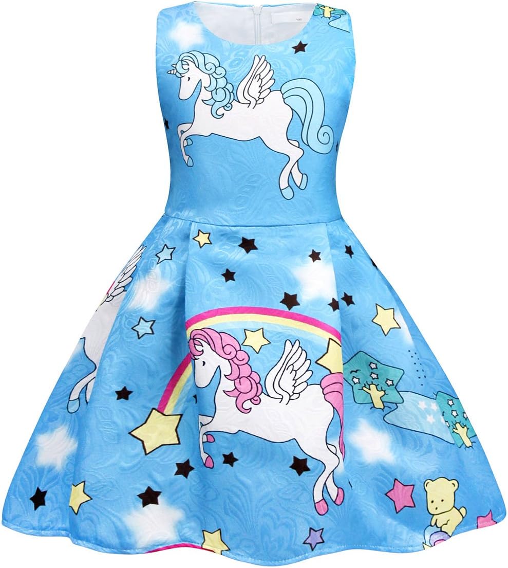 COTRIO Little Girls Unicorn Dress Rainbow Stars Theme Birthday Party Fancy Dresses Toddler Kids Pleated Skirt Halloween Outfit Clothes Size 4T (3-4 Years, Blue, 110)