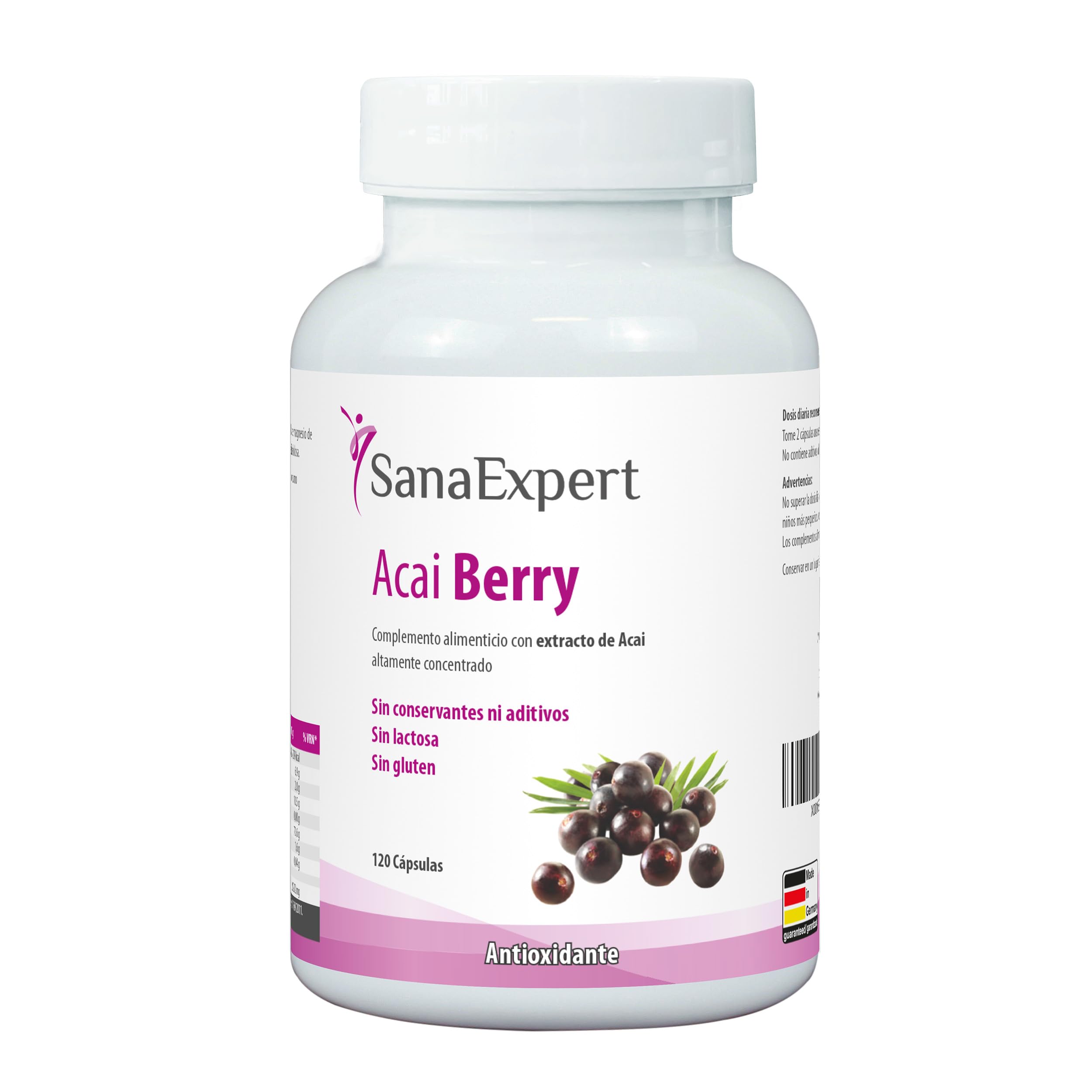 SanaExpert Acai Berry - Suplemento Alimenticio Natural con Extracto Puro de Açaí - Rico en Antioxidantes - Apto para Veganos, Sin Gluten, Sin Lactosa - 120 Cápsulas - Fabricado en Alemania