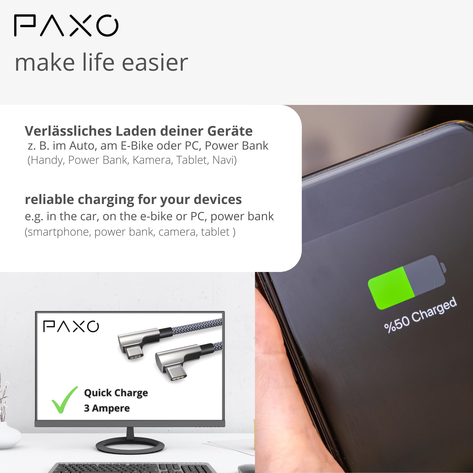 PAXO 0.5m charging cable, 3A, USB C to USB C cable, USB 2.0, elegant angled plug, particularly flexible fabric sheath in silver - Image 3