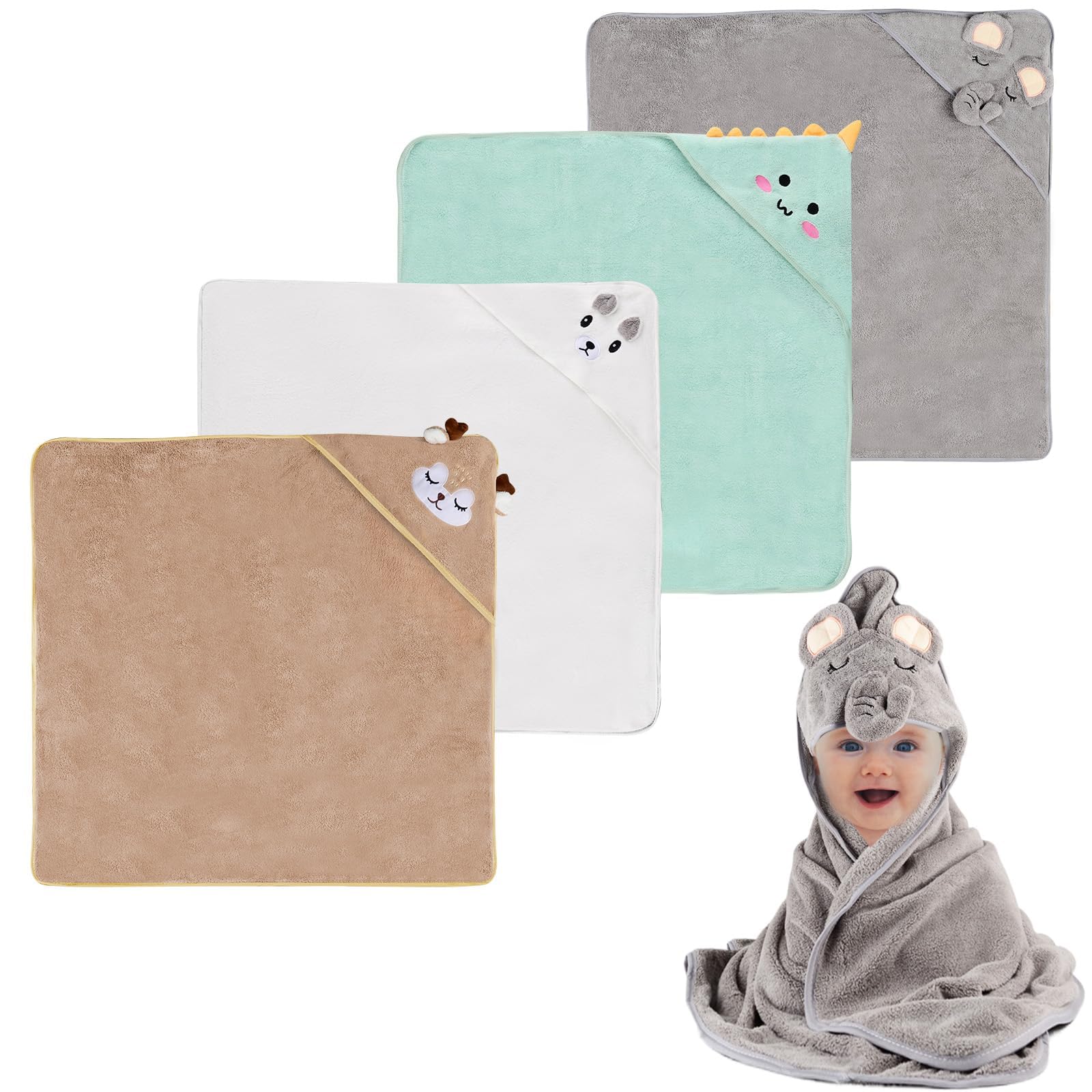 4 pièces Cape de Bain Bébé, Serviette de Bain à Capuche pour Bébé, Sortie de Bain Super Absorbante, Serviettes pour Enfants en Bas âge