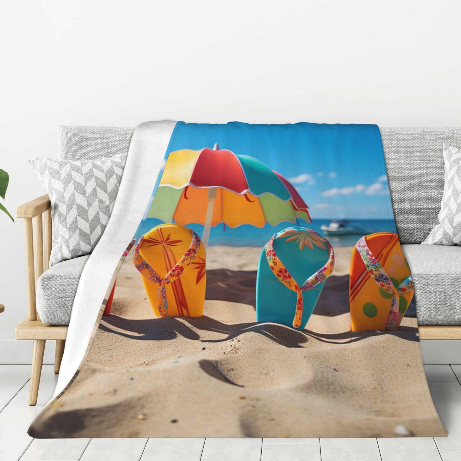 Couverture polaire lit et canapé - Plaid flanelle doux motif balle de plage