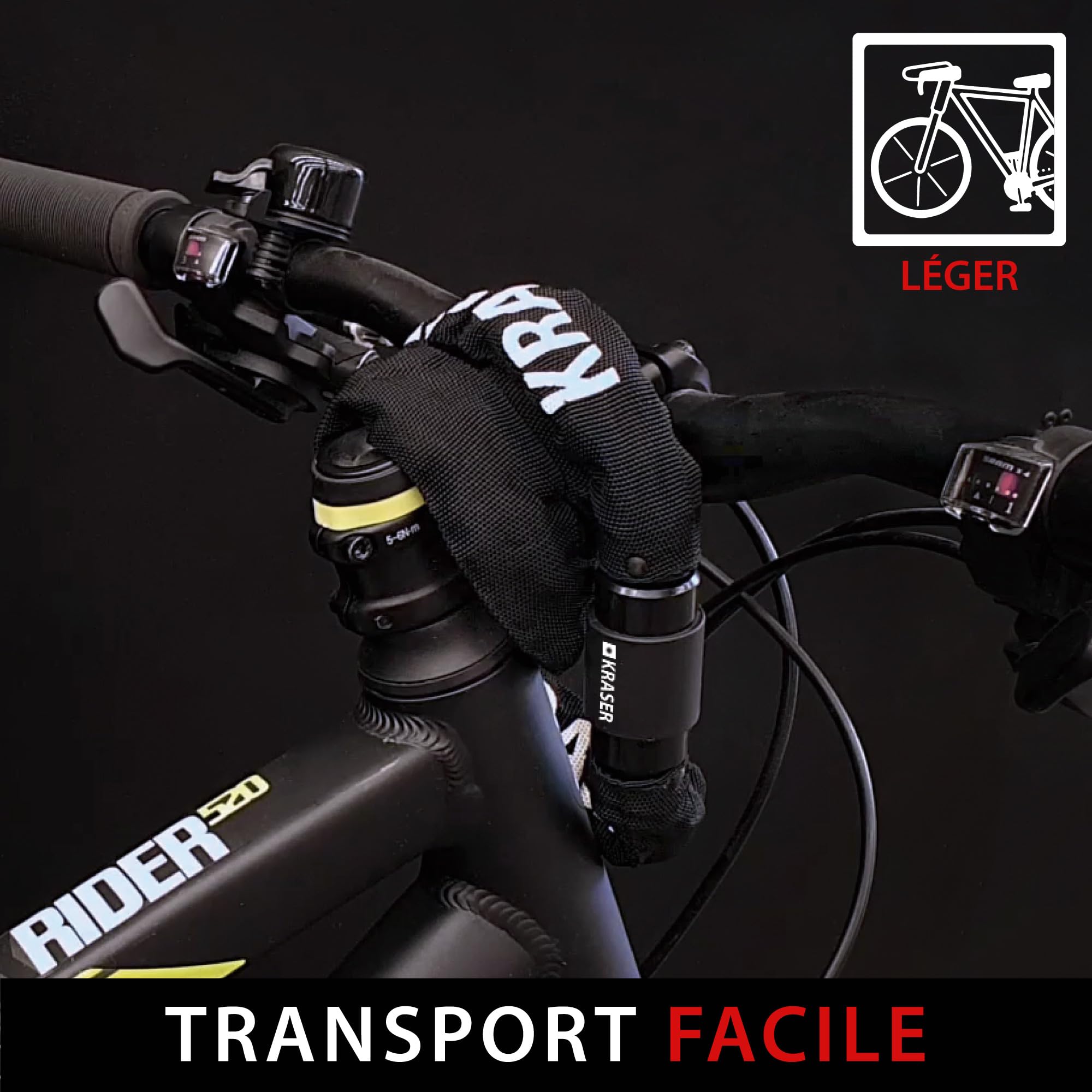 KRASER KR620 Chaine Antivol Velo Maillons en Acier ø6mm, 120cm, Serrure de Sécurité et Capuchon, Chaine Légère, Antivol Moto, Verrouillage Roue, Blocage Universel Scooter, Vélo Électrique, Trottinette
