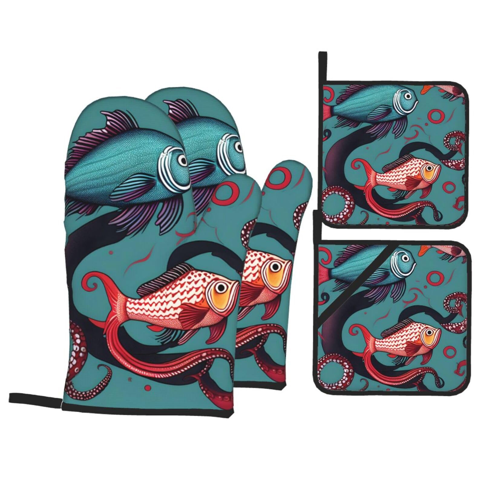 Fish and Octopus Print 4-Piece Oven Microwaving Set Kitchen Gloves for Holiday Cooking Baking Grilling