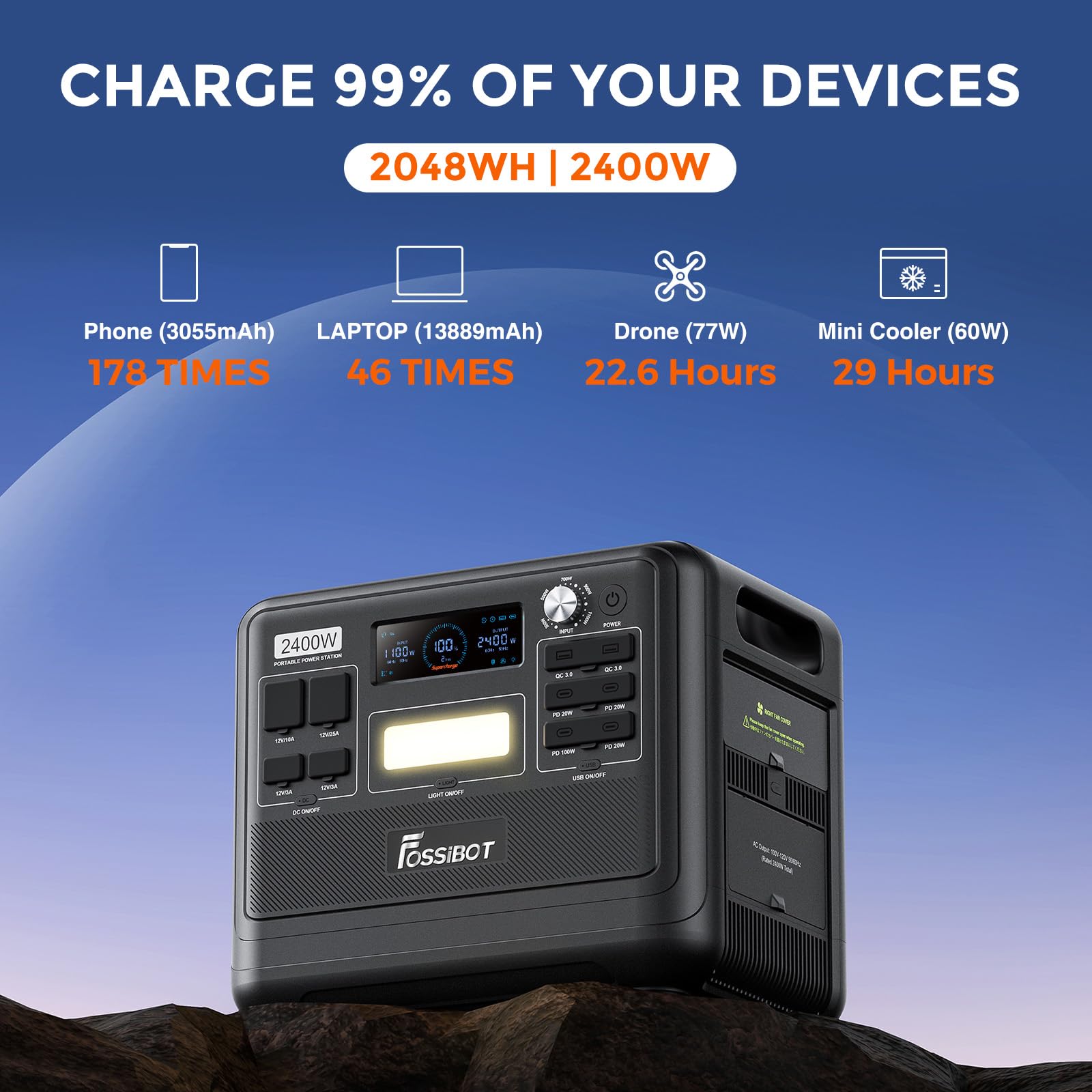 FOSSiBOT F2400 Générateur Électrique Portable, 2048Wh LiFePO4 de secours avec sorties CA 2400 W (pic 4800 W) Générateur Solaire, station d'alimentation portable pour le camping en
