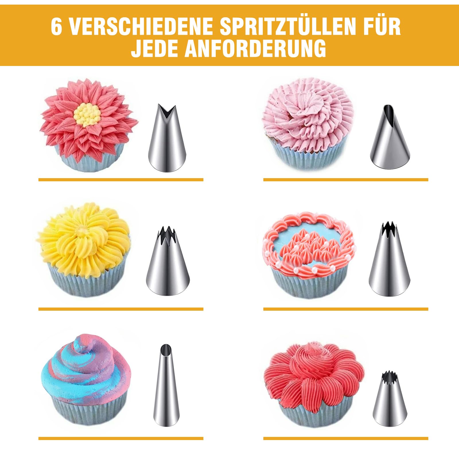 Tortenspritze, Garnierspritze Edelstahl Set, Profi Sahnespritze mit 6 verschiedene Spritztüllen, Dessert Dekorieren Spritze, Garnierspritze Profi für Cupcakes und kreative Tortendekoration