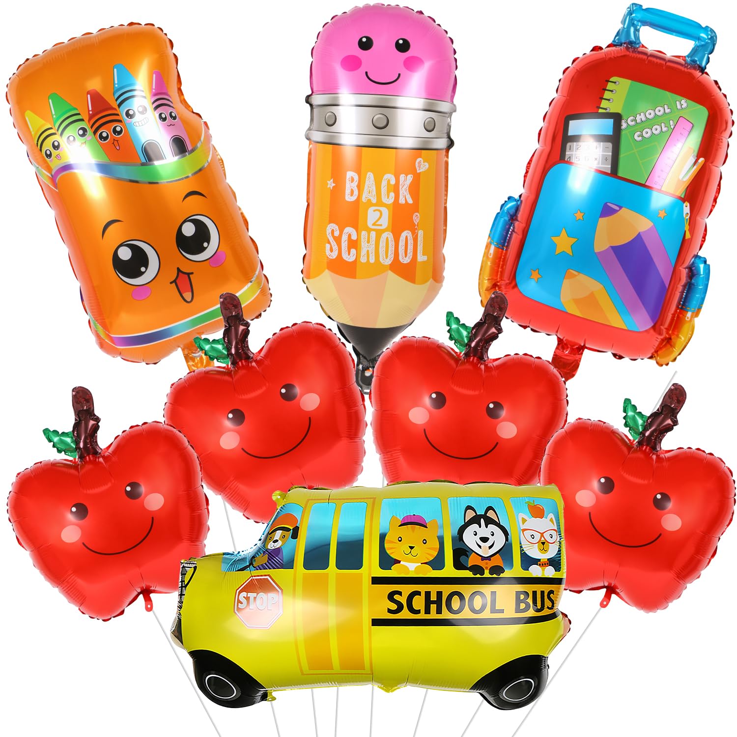 8 Pieces Back to School Foil Balloons, LIYDE Jumbo Mylar Balloon Bus Apple Balloons for First Day of School/Teacher/Welcome Back Party Decorations