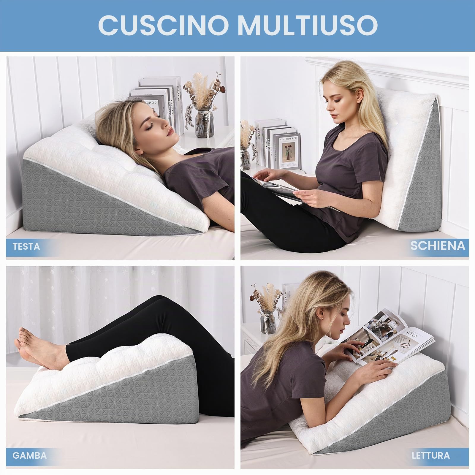 Cuscino a cuneo per letto e divano - Doppio strato in memory foam, cuscino da lettura - Ergonomico per il letto per reflusso e apnea del sonno, perfetto cuscino per il supporto della schiena