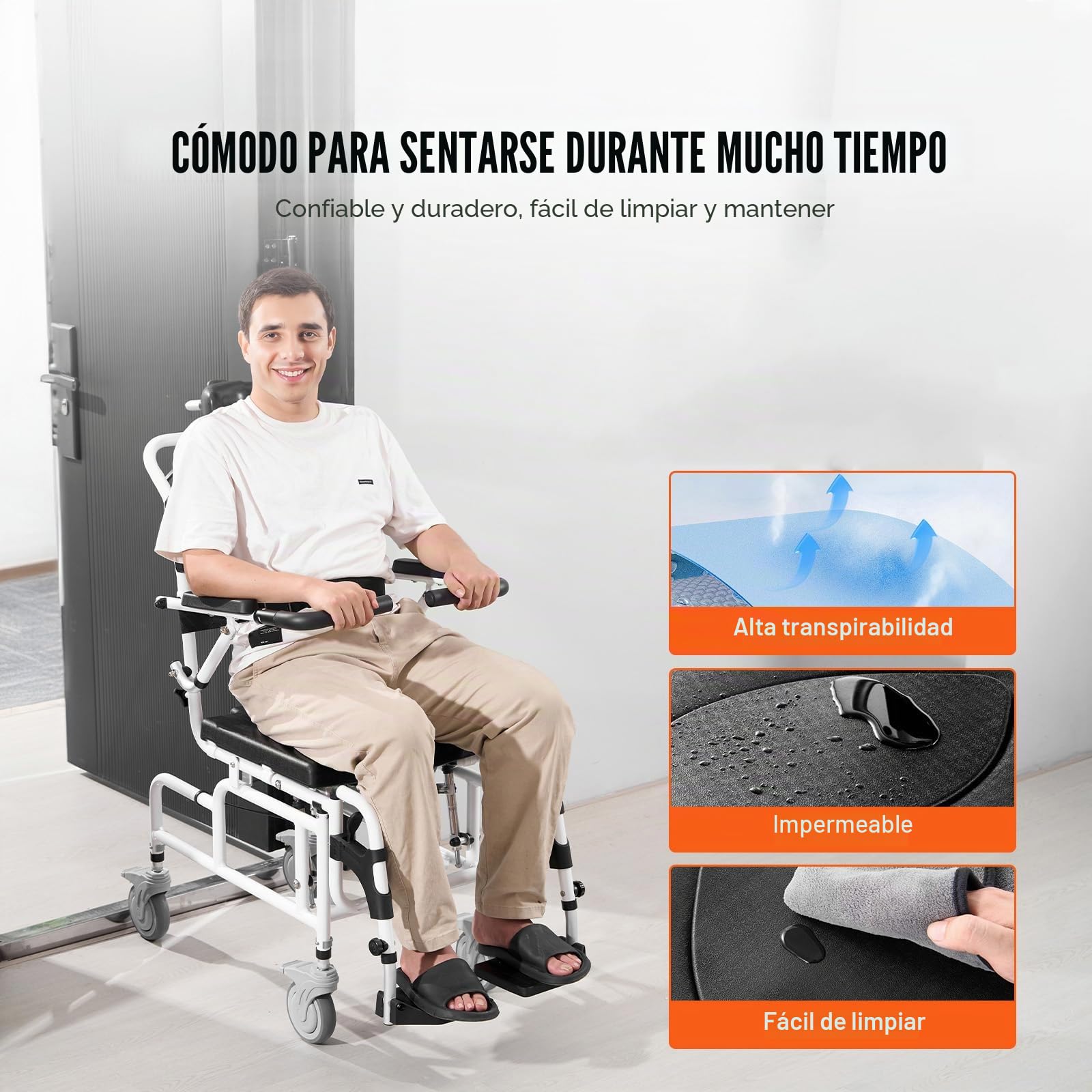 VEVOR Silla de Ruedas de Ducha de Aleación de Aluminio para Ducha Interior, con Freno para Adultos Discapacitados, Silla de Transporte de Ducha de 136 kg de Capacidad, 1085 x 550 x 1315 mm, Negro