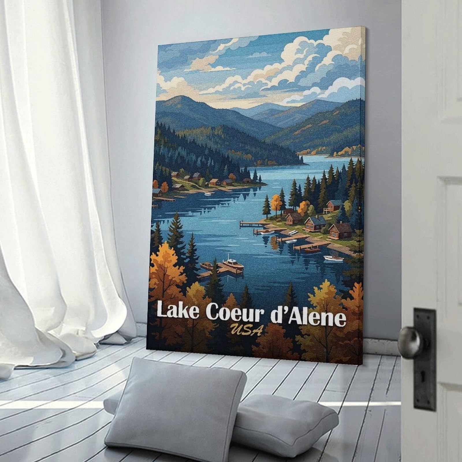 Junmoney Frame-Style-16-1 Decorative Canvas Print Lake Coeur Dalene, Usa Landscape, 24X36inch(60X90cm), For Home Office, Desk Area Or Studio, Home Office Artwork With Decorative Appeal