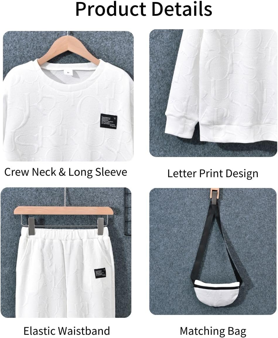 HIHA Boys Sweatsuit Letter Print Long Sleeve Pullover Sweatshirt Jogger Pant Set with Bag