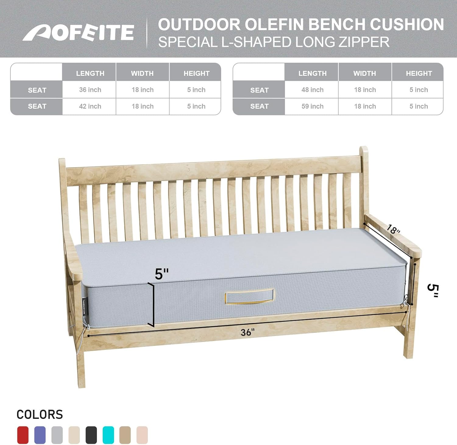 Outdoor 36" x 18" x 5" Water-Resistant Bench Cushion with Removable Cover, Olefin Weather and Fade Resistant Patio Furniture Thickened Seat Pad with Handle & Adjustable Straps, Light Gray