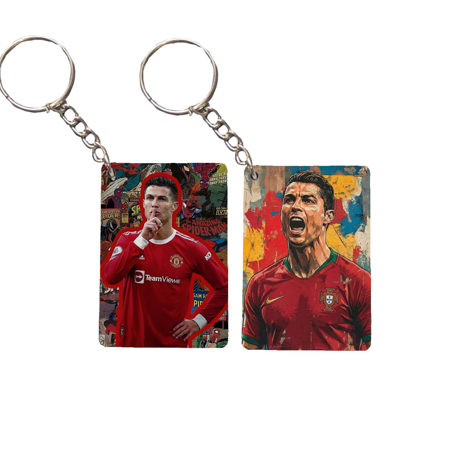 ronaldo football player keychain, multicolour wooden mdf with smooth gloss finish,6.5x4.5cm, 2 pack set with portugal and manchester united jersey designs (pack of 2)