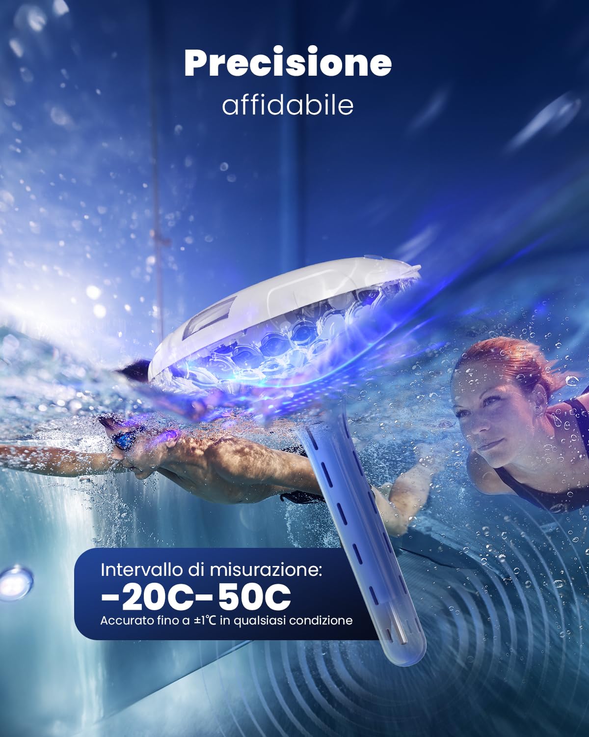 Luce solare per piscina con doppio display LCD, termometro galleggiante per piscina facile da leggere, 8 effetti di illuminazione dinamici, termometro digitale impermeabile IPX7