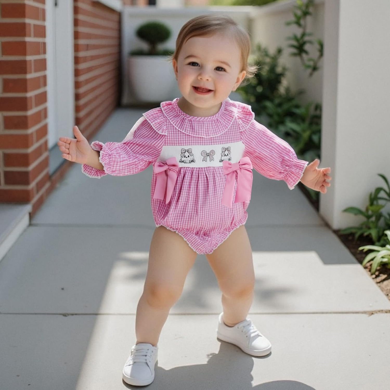 Newborn Baby Girl Halloween Outfit Pumpkin Embroidery Bubble Romper Plaid Doll Collar Long Sleeve Jumpsuit Fall - Image 3