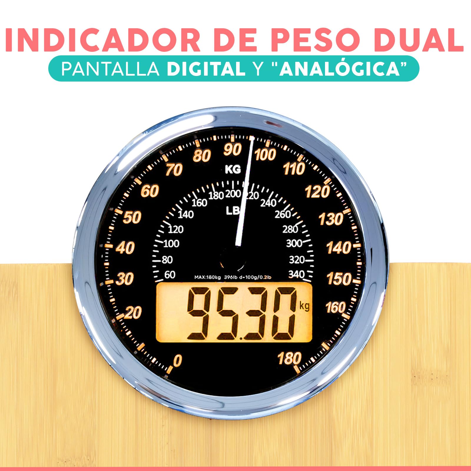Hybrid Báscula de Baño - Analógica & Digital, Precisa hasta 180 kg | Vea su peso en el cuadrante analógico y LCD a la vez. Plataforma ancha, 3 pilas AAA incluidas, lista para usar.