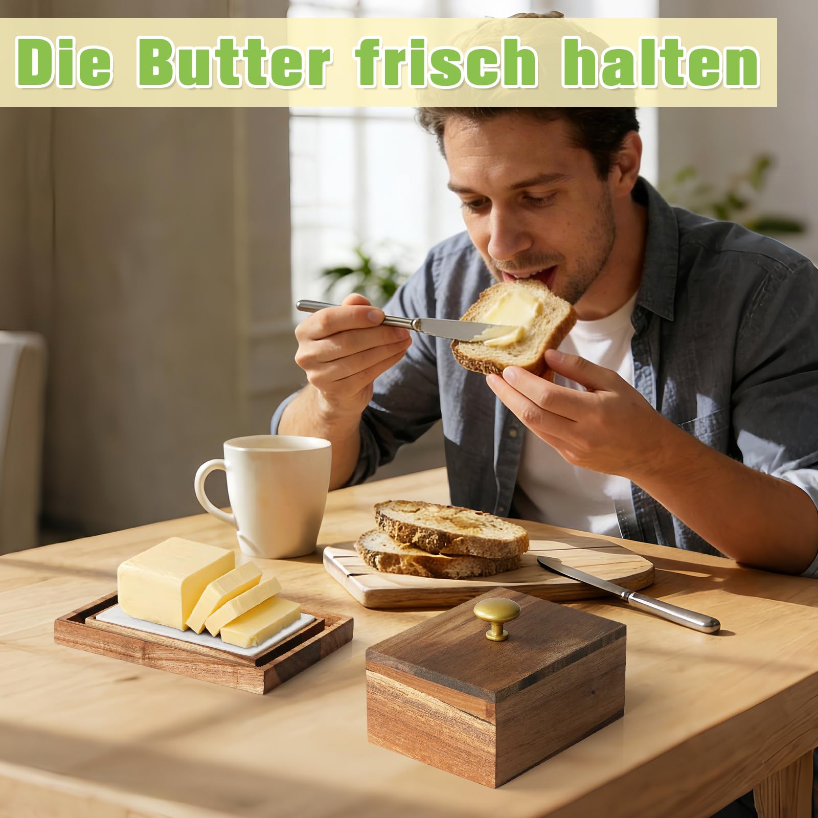 Butterdose aus Akazienholz mit Marmorplatte – Für 250g streichzarte Butter | Holz Butterschale zur idealen Aufbewahrung | Butterglocke