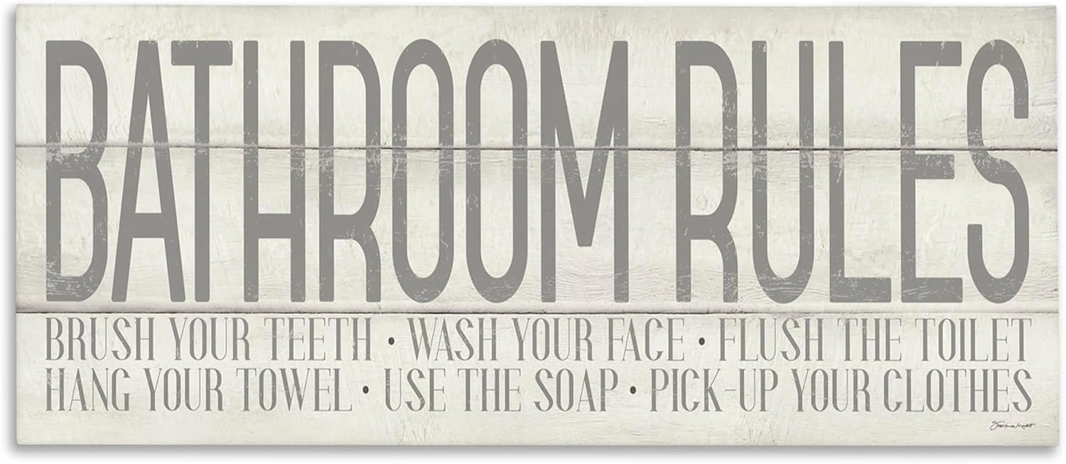 The Stupell Home Décor Grey and White Planked Look Bathroom Rules Typography Stretched Canvas Wall Art, 13x30, Multi-Color