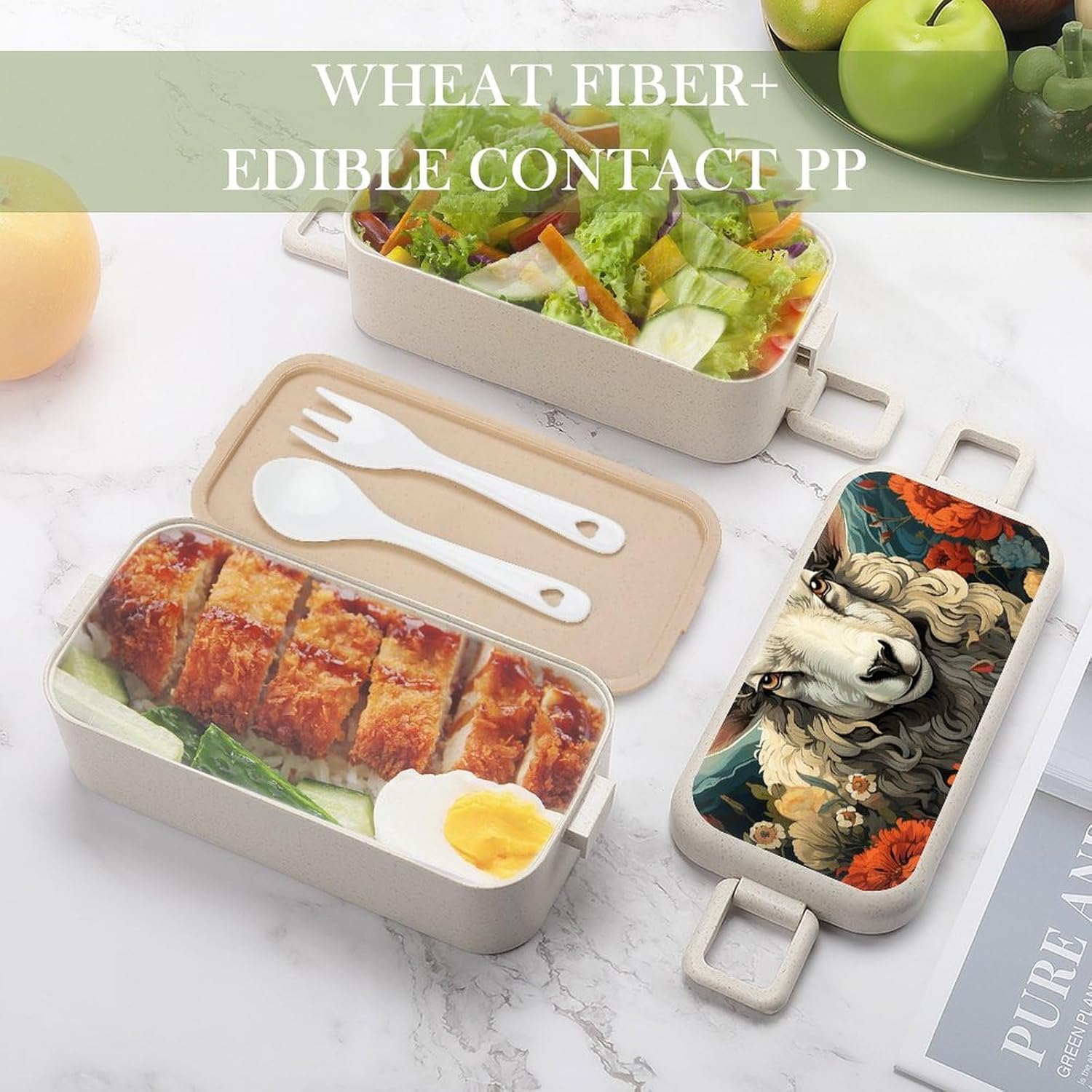 Lunch Box Bento Premium Sheep Pattern Printed Bento Box Bento with Spoon And Fork with Compartment Containers Suitable for Men And Women, style