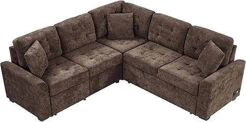 Miniatura 3 de Sofá modular convertible simétrico con cama extraíble y respaldo desmontable copetudo, sofá esquinero 4 en 1 en forma de L con puertos USB duales,