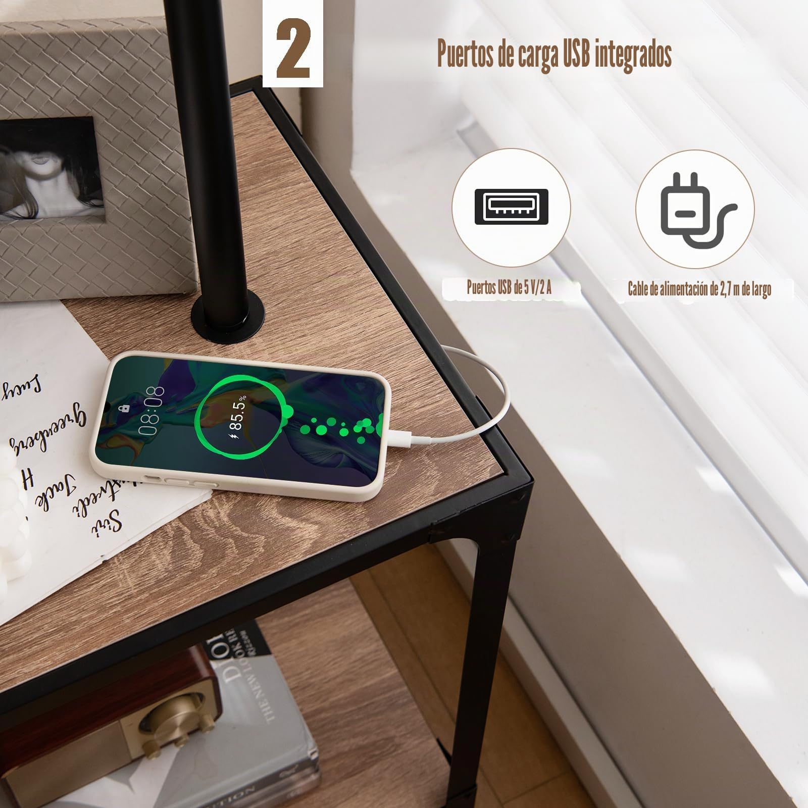HOMASIS Lámpara de Pie con Mesa Auxiliar y Puertos de Carga USB, Lámpara de Mesilla de Noche Giratoria 360°, con Lámpara E27 (No Incluida) para Salón, Dormitorio, Natural