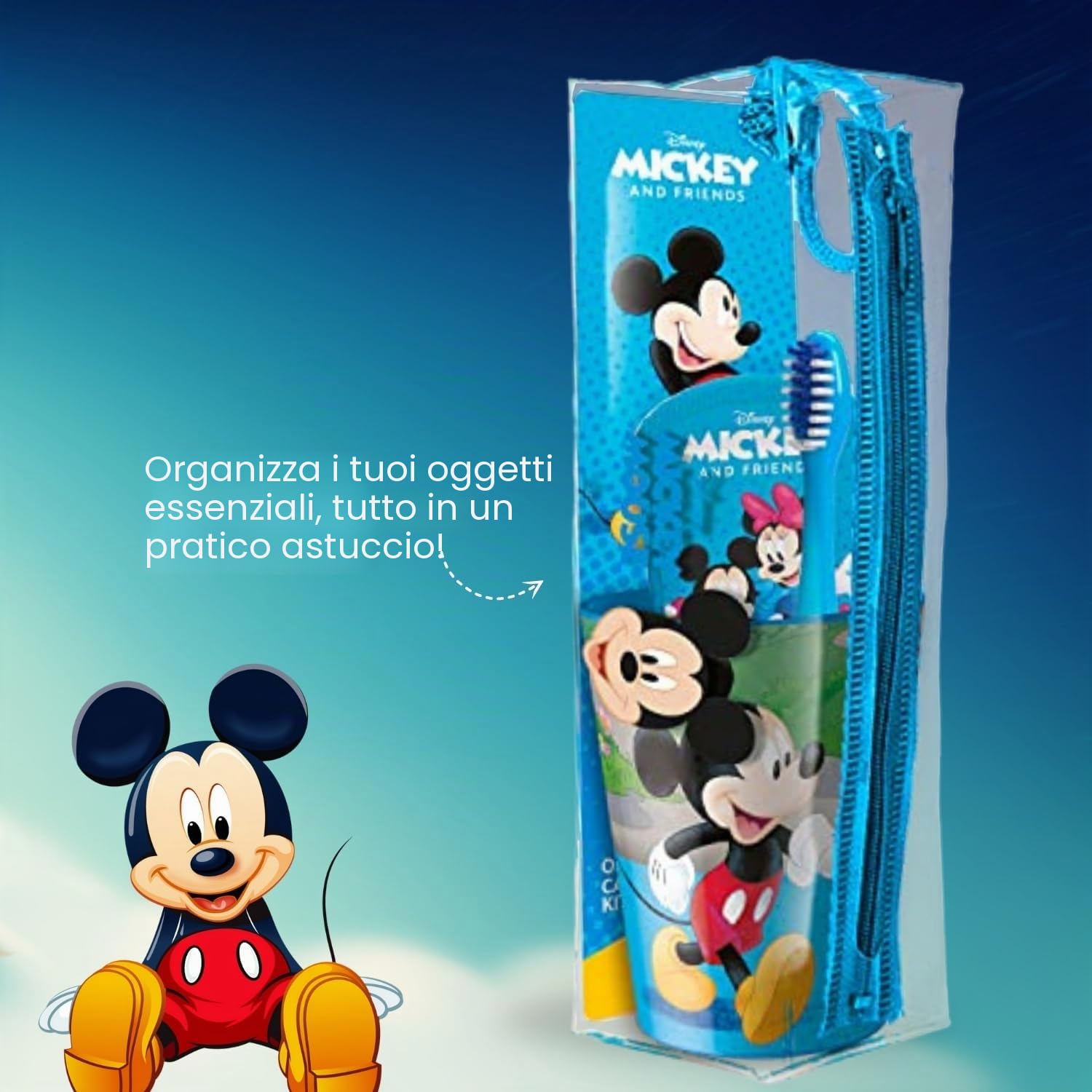 Mickey Mouse - Set di sacchetti per bambini, adatto ai viaggi, con spazzolino manuale con ventosa, tappo da viaggio, dentifricio al gusto di menta delicata per bambini da 75 ml e bicchiere Mr. White