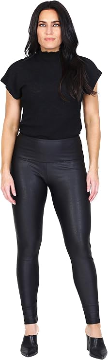 Intro Tummy Control High Waist Leggings – Faux Leather Pull-On Yoga Pants, Size XL Ebony Black - View #8