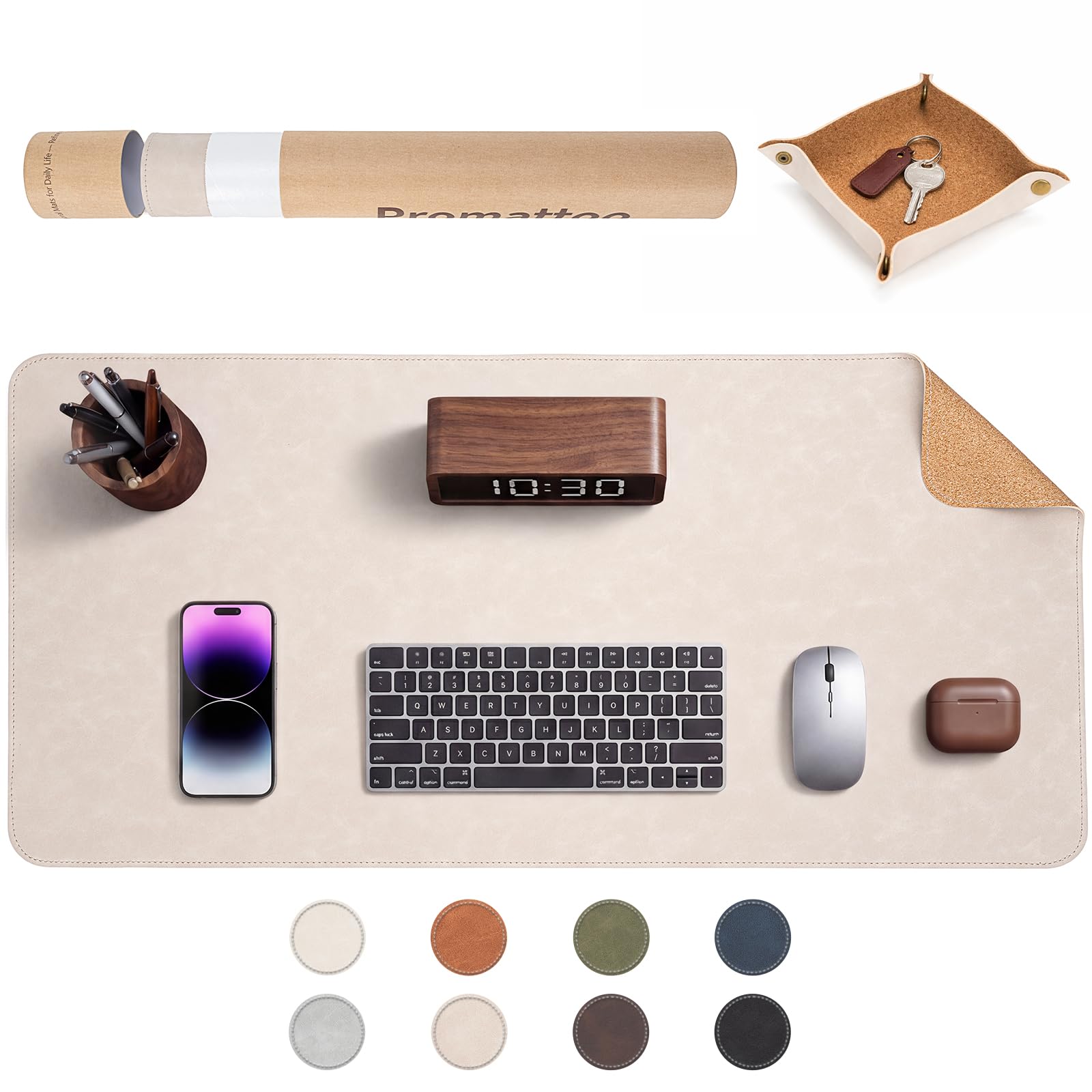 PROMATTOO Faux Leather Desk Mat with Valet Tray, Non-Slip Waterproof Desk Pad, Cork-Effect Printed Backing, Desk Protector with Gift Tube for Office & Home(Warm Beige)