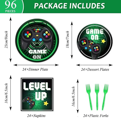 Miniatura 2 de Juego de 96 platos y servilletas de videojuegos, suministros para fiesta, juego de vajilla verde para decoración de fiesta de jugadores, recuerdos