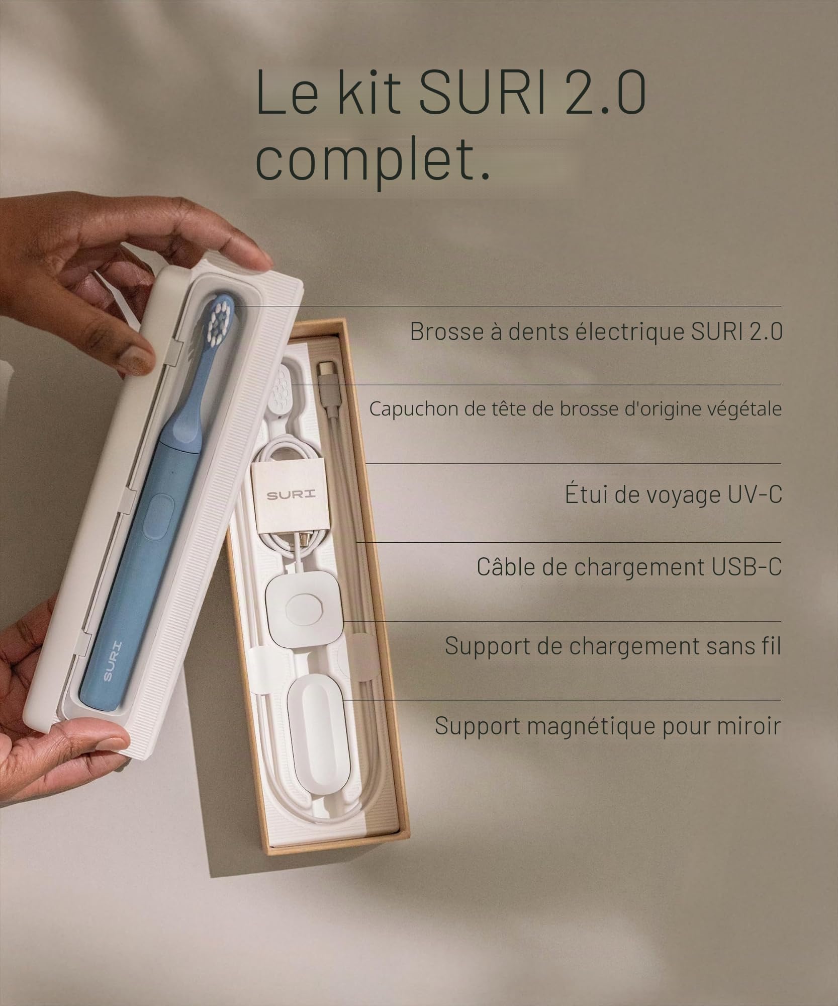 SURI 2.0 Brosse à dents électrique Sonic avec capteur de pression et étui de voyage pour nettoyage UV | 1 mois + batterie | Conçue à Londres | Brosse à dents électrique pour adultes | Brosses à dents