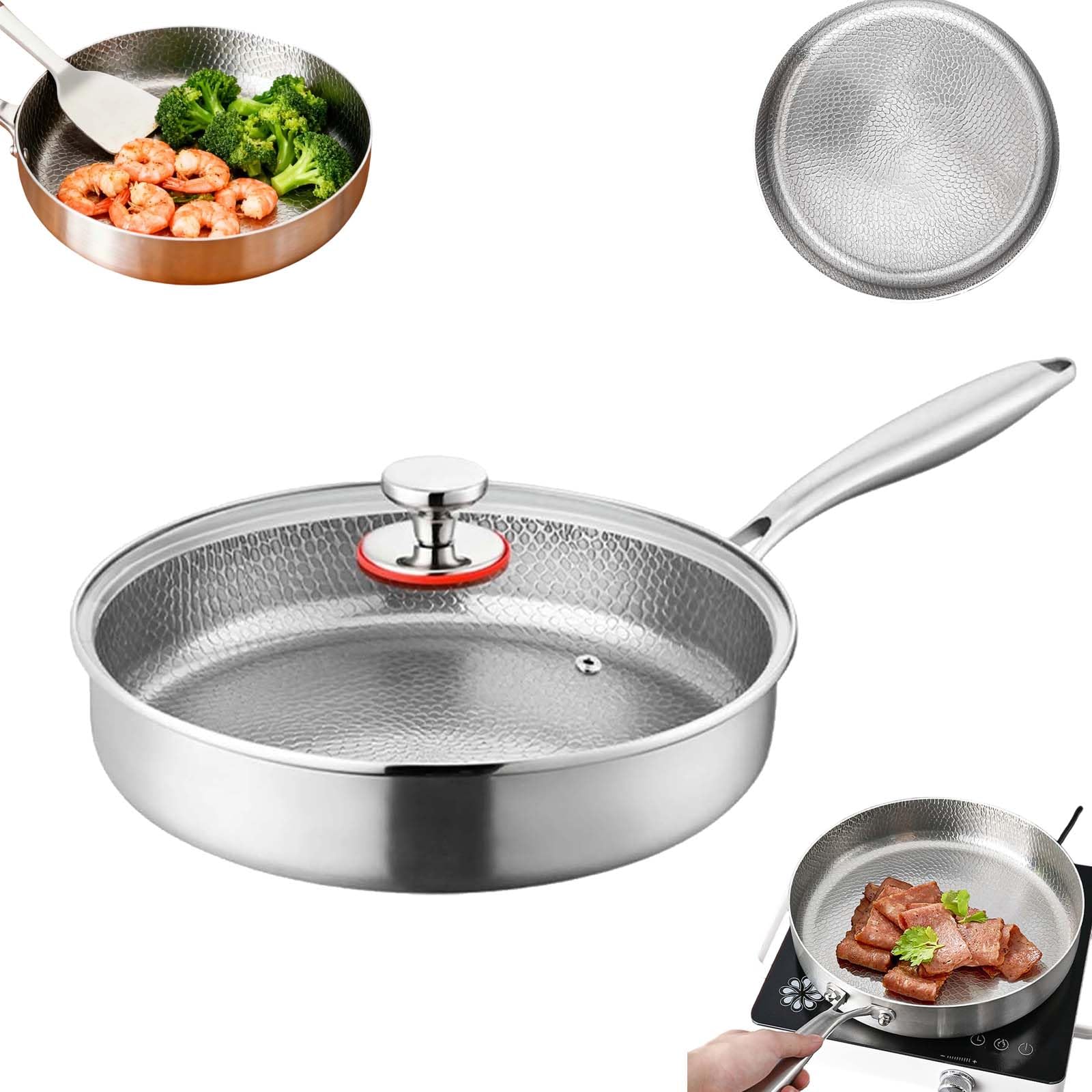 Titanium Hammered Pan Pro mit Deckel, Antihaft-Bratpfannen, Bratpfanne mit Deckel, kratzfeste Beschichtung, kompakt und leicht, für Induktionskochfeld, Camping, Kochen (24 cm)