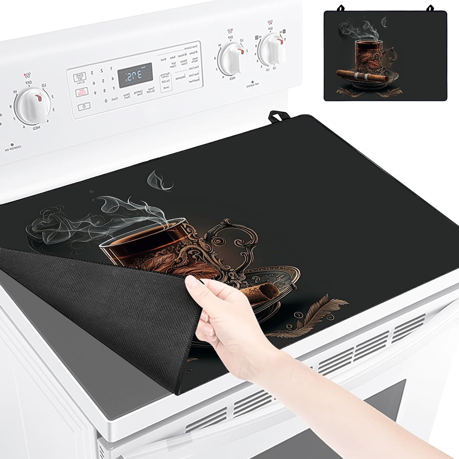 Electric Stove Cover 28" X 20"- Soft And Durable Rubber Glass Stove Top Protector, Easy Store And Clean Stove Top Protector Suitable For Electric Stove, Washer And Dryer (Tea Cup(Curry))