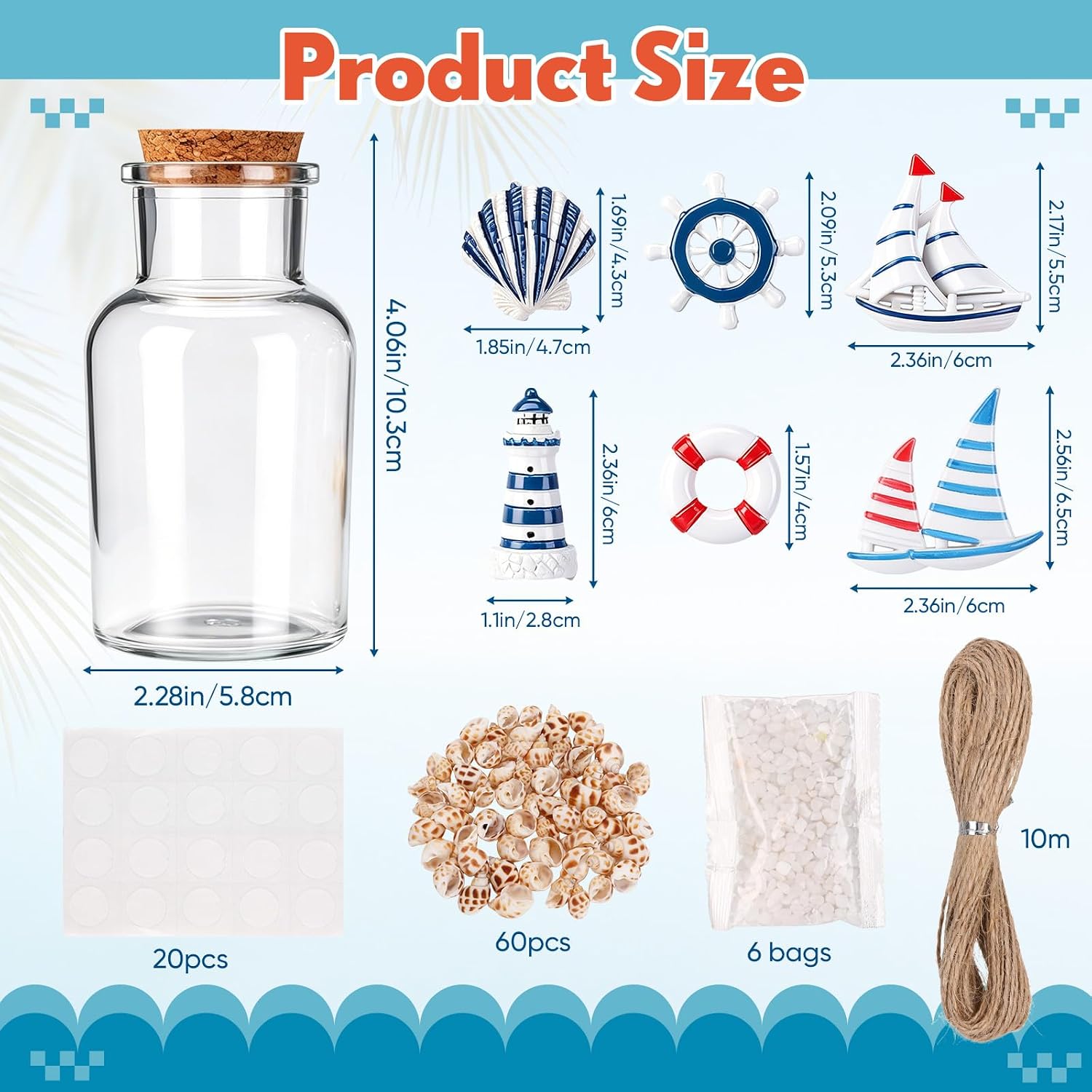 6 Pack Beach Glass Bottles with Cork Honeymoon Sand Jar White Sand Rocks Natural Sea Shells for Coastal Beach Room Decor Home Tabletop Summer Decorations Bridal Shower Gifts