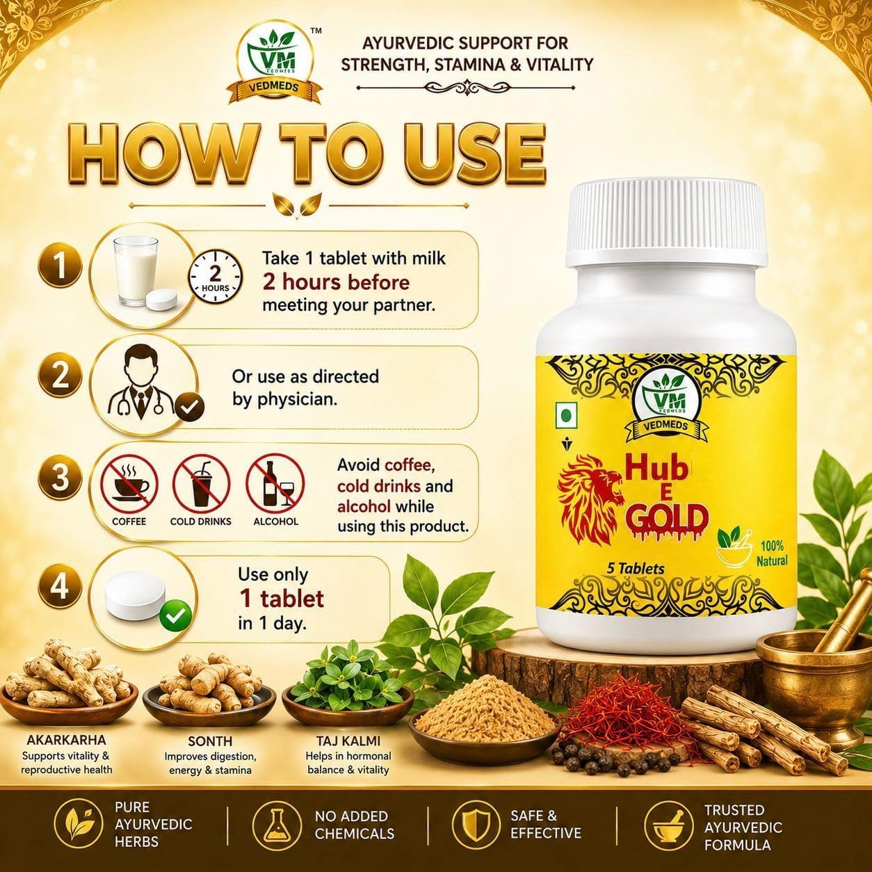 Hub E Gold Ayurvedic Tablets for Men | Herbal Man Vitality & Energy Timing Supplement | Daily Wellness & Stamina Support Formula | 10 Tablets — Amazon image 7