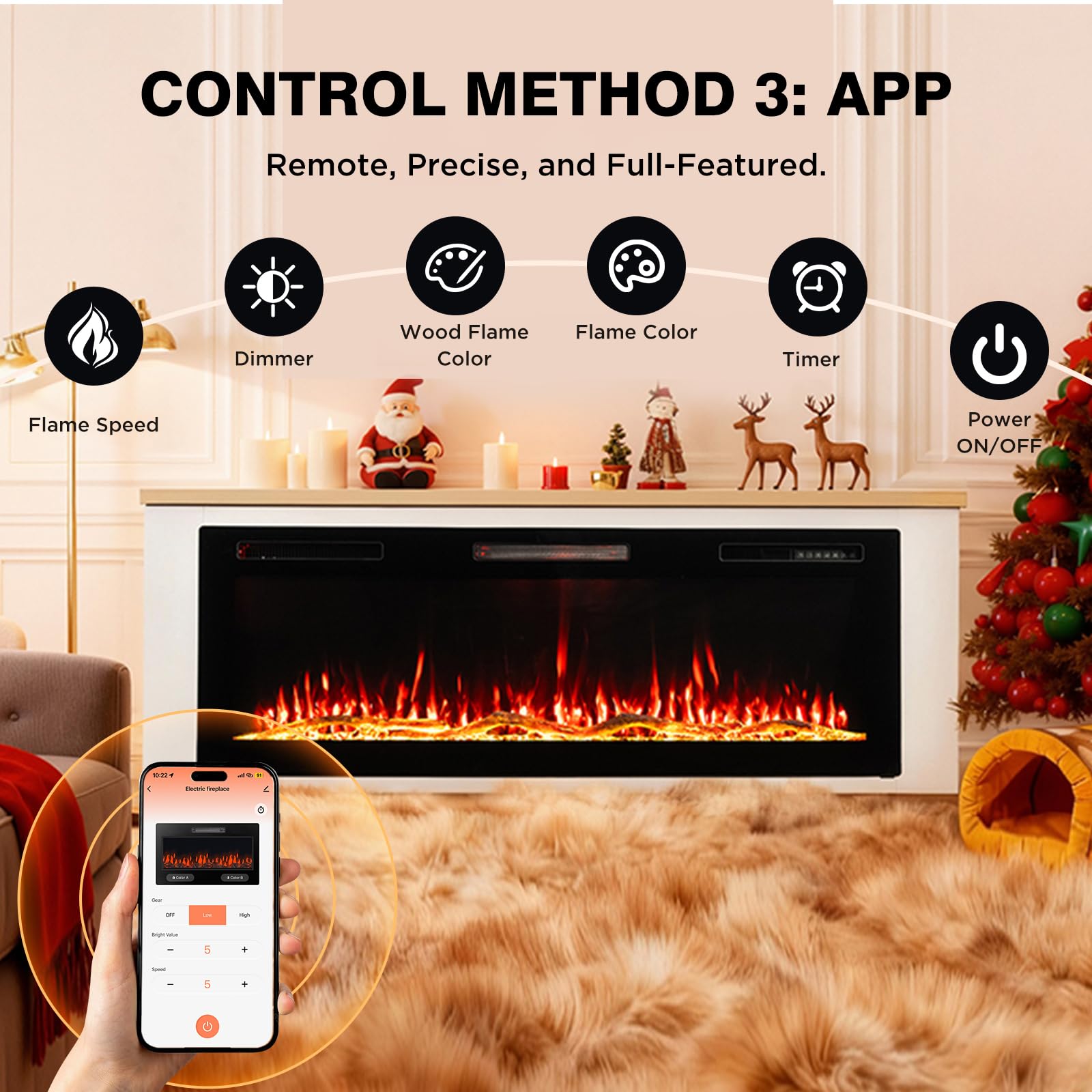 50 Zoll Elektrokamin, 1000W/2000W Elektrokamin mit Heizung, 12 3D-Flammenfarben, 12 Holzfeuerfarben, Fernbedienung & App-Steuerung, inklusive Schrank