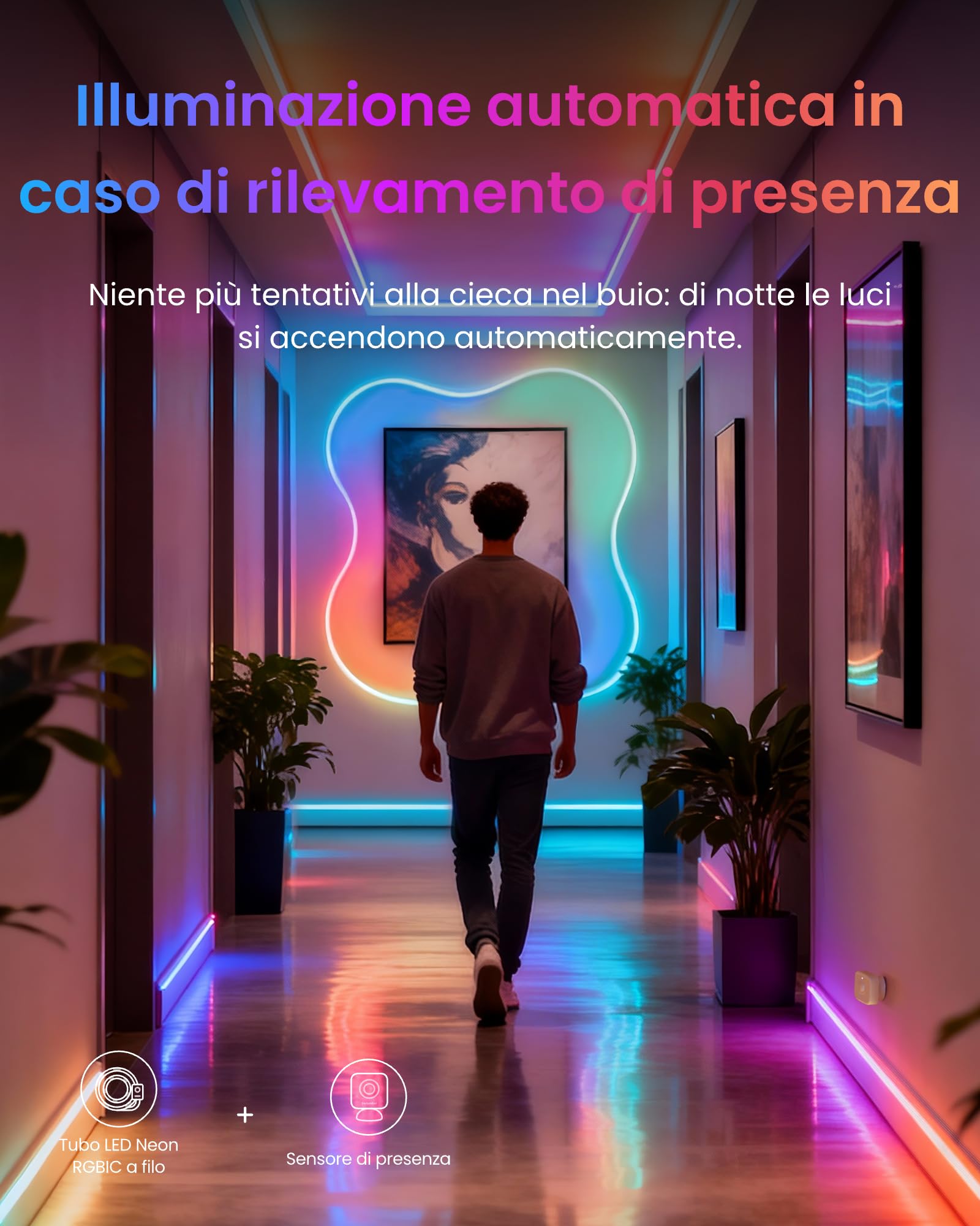 SwitchBot RGBIC Neon Striscia LED, 5M Matter Neon LED Luci Compatibile con Apple Home, Alexa e Google Home, 16 min di colori, Sincronizza Musica e Scene, Luci LED Camera da Letto, Soggiorno