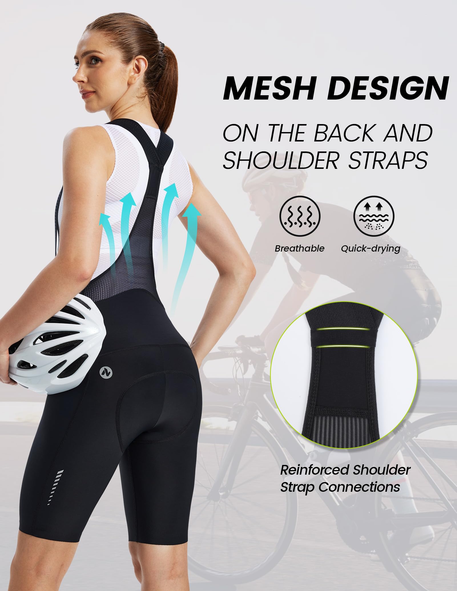 Nepest Damen Fahrrad Trägerhose Kurz 4D Gepolsterte | Atmungsaktives, UPF 50+, 4-Wege-Stretch, Hohe Kompression, Mesh-Trägern, Silikonpunkte am Saum, Leicht, Reflektierenden