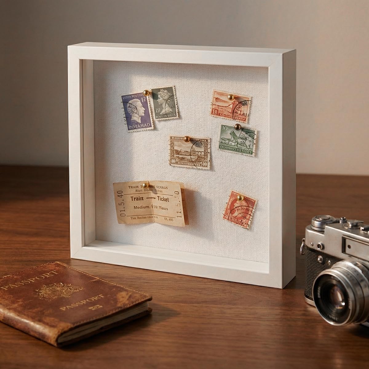 8x8 Shadow Box Frame with Linen Background & Metal Push Pins, Plexiglass Front Memory Display Box, White