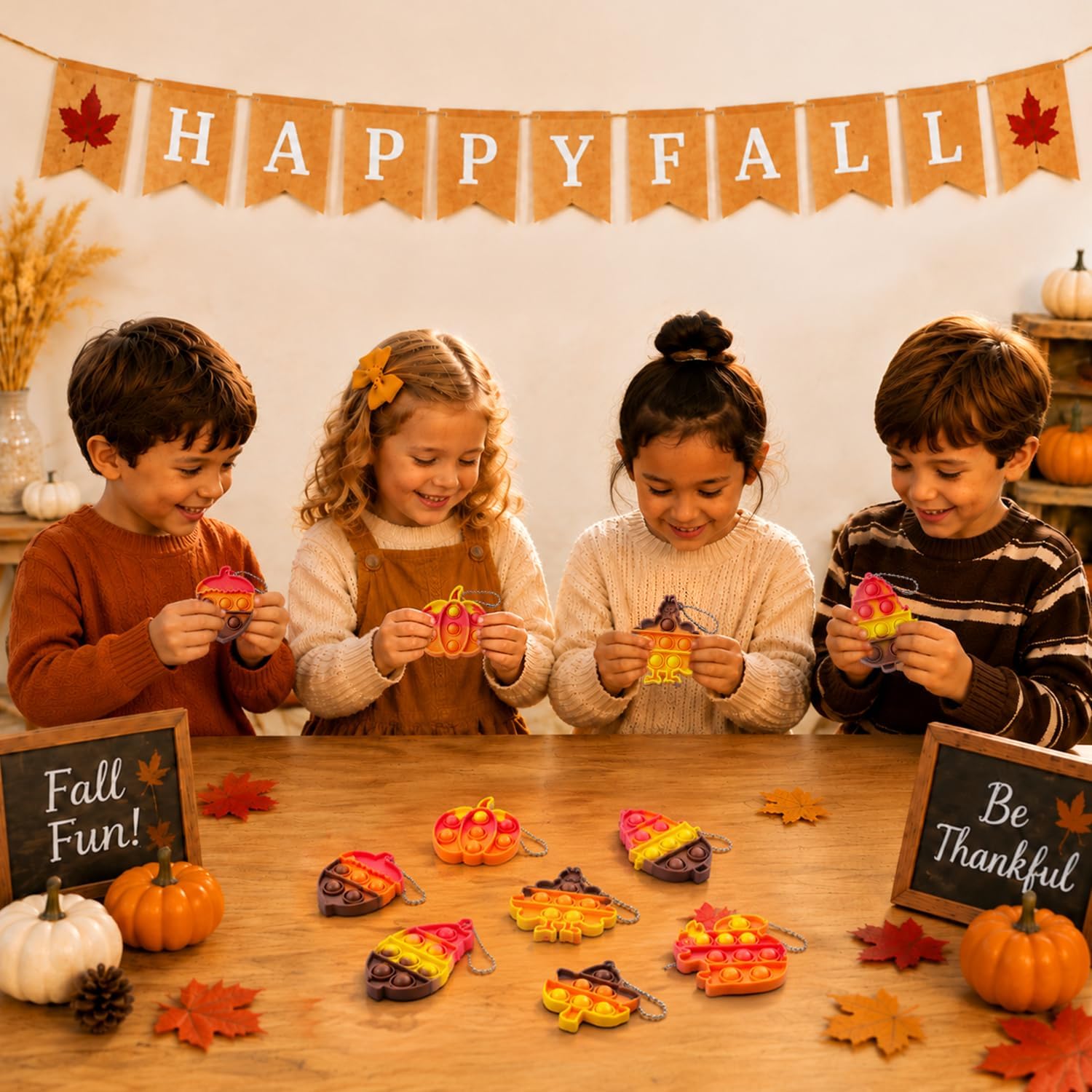 Fall Toys Prizes Treats 64 PCS,Bulk Thanksgiving Gifts Pop Fidget Keychains image 2