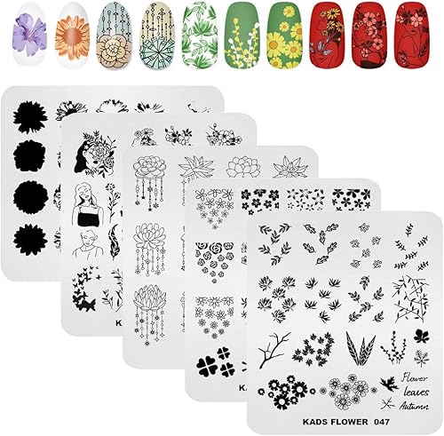 KADS 5pcs Nail Stamp Placas Set Uñas Arte Estampado Placa Hojas Flores Animal Nail Plate Plantilla Imagen Placa