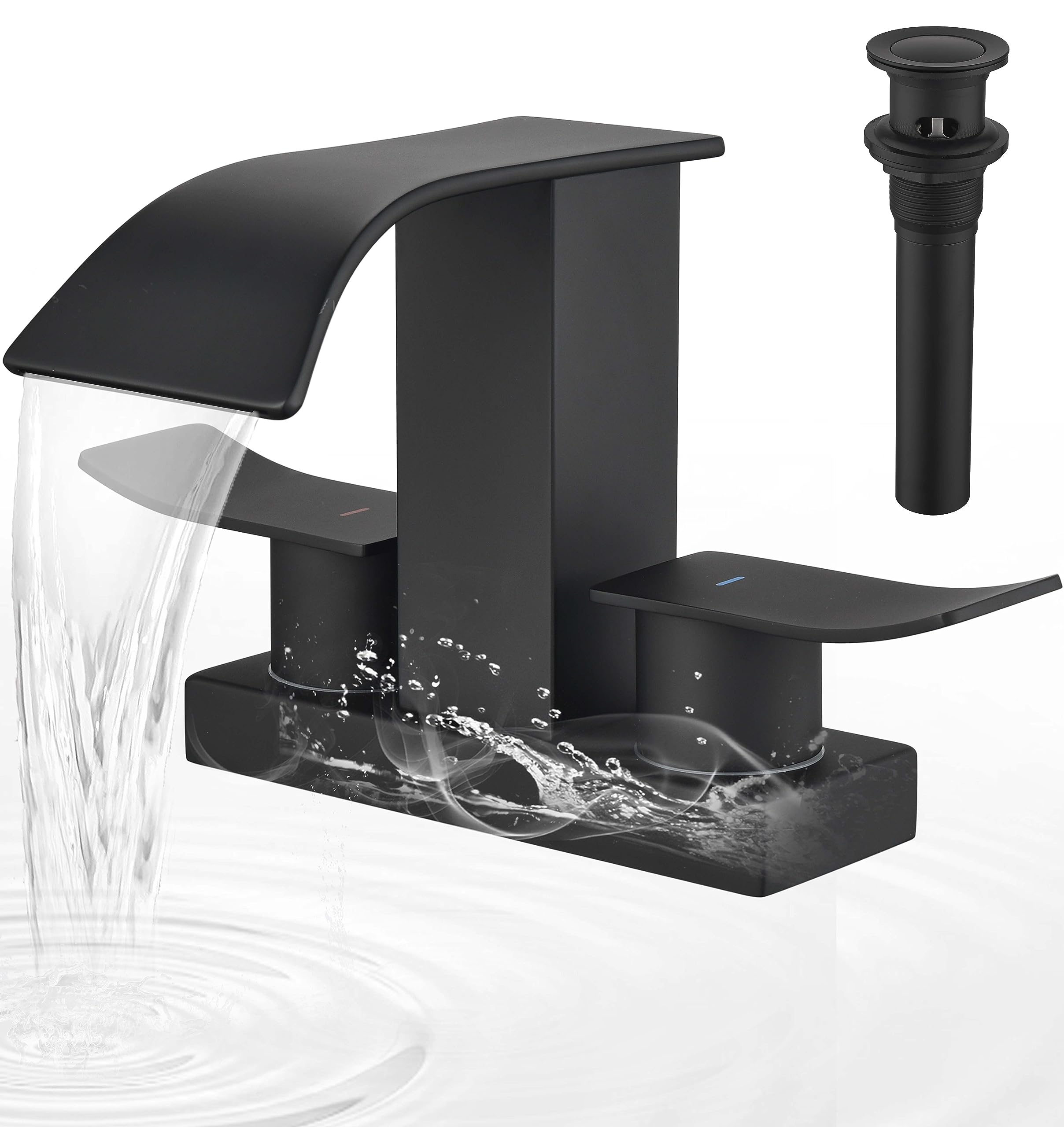 4 Inch Centerset Waterfall Bathroom Faucet 2 Handle Waterfall Bathroom Faucet 4 Inch Centerset Sink Mixer Tap with Overflow Pop Up Drain & cUPC Water Supply Lines, Black