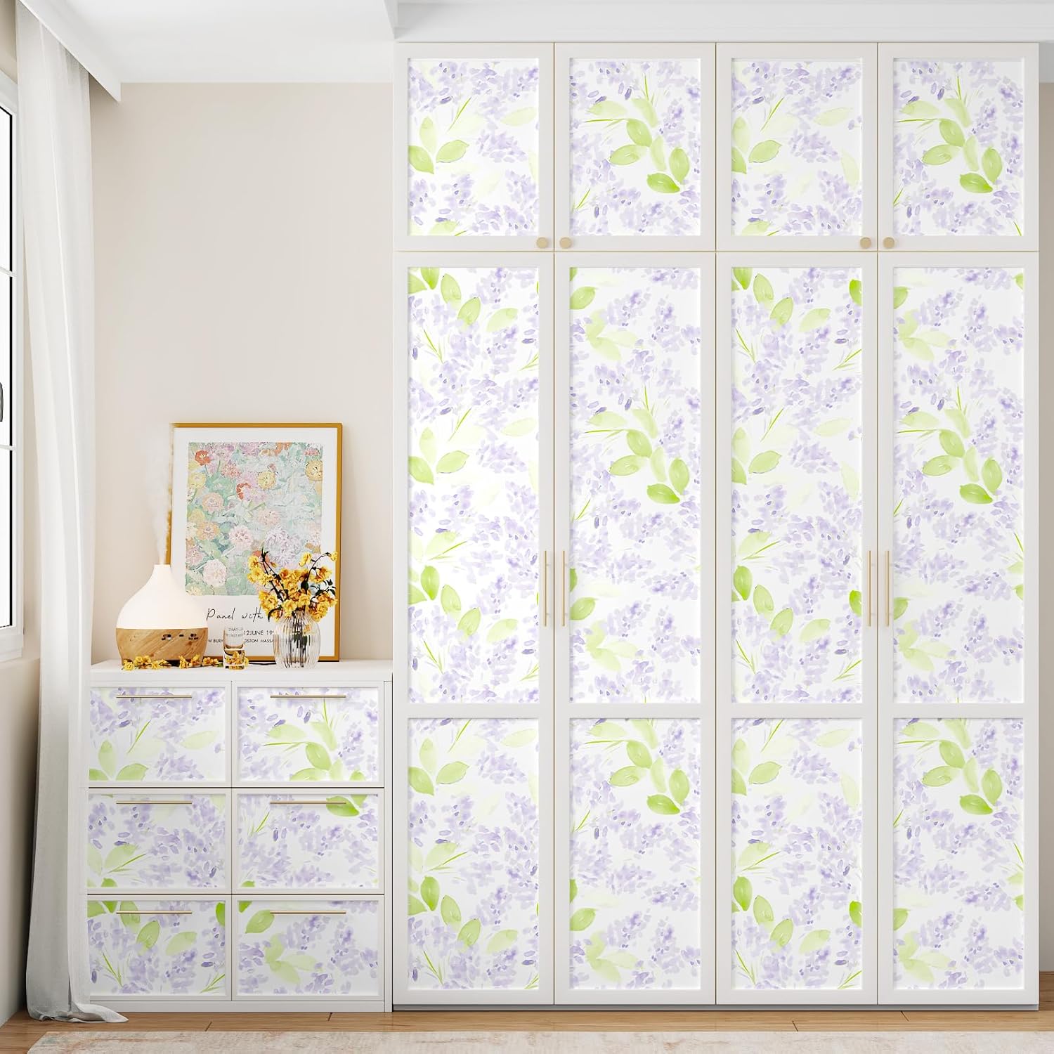 Elegant Boho Peel and Stick Wallpaper Watercolor Green/Purple Lilac Wallpaper for Bathroom Bedroom Walls Removable Self Adhesive Contact Paper for Cabinets and Drawers Shelf Liner 17.5"x102"