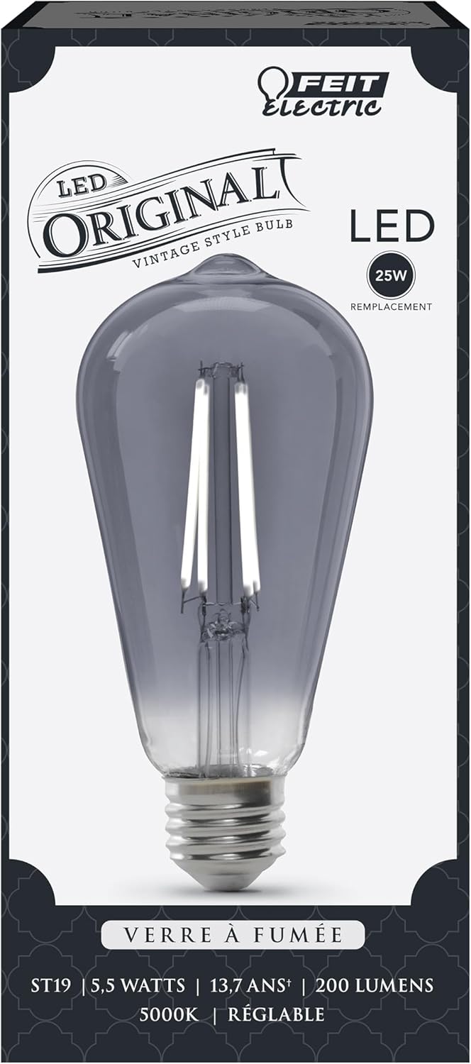 Feit Electric Vintage Exposed Filament Smoke Glass LED ST19 with a Medium E26 Base Light Bulb - 25W Equivalent - 10 Year Life - 200 Lumen - 5000K Dayllight - Dimmable | Original Vintage