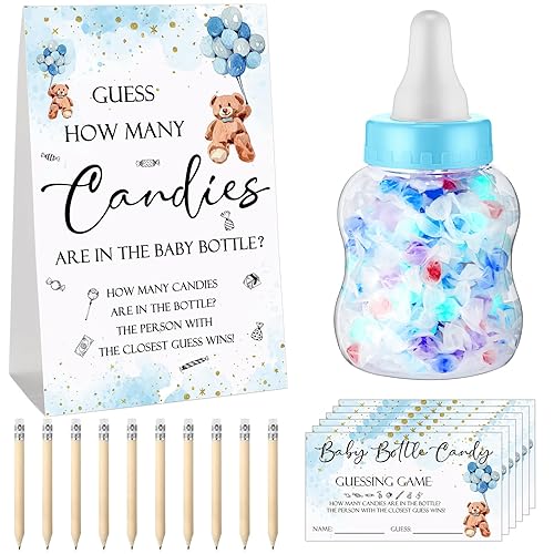 Miniatura 8 de Roowest 62 piezas de juegos de baby shower Adivina cuántos dulces están en el frasco, 50 pequeños juegos de adivinanzas, 10 lápices HB y botella de