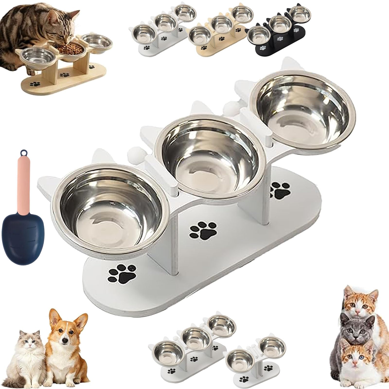 Anti-Slip Elevated 3-Bowl Pet Feeder, Non-slip Selevated Pet Feeder with 3 Bowl, 3-in-1 Elevated Cat Bowl with Stand Tilted, 15°tilted Reducing Neck Strain, For Cats and Dogs (White-Three bowls)